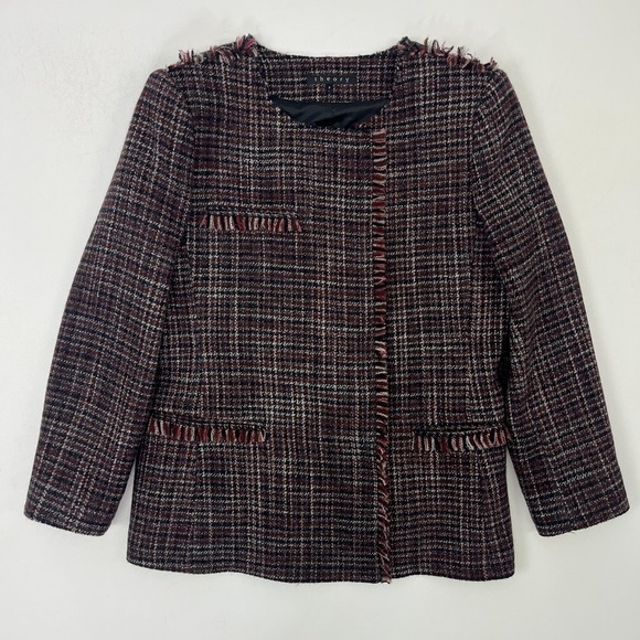 Theory Jackets & Blazers - Theory Mylana‎ Tweed Jacket Sz 8 Fringe Trim Blazer Classic Preppy Quiet Luxury